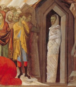 La resurrection de Lazare, detail du tombeau ouvert, du corps emmaillote et d'un homme se bouchant le nez. • Crédits : LEEMAGE - AFP